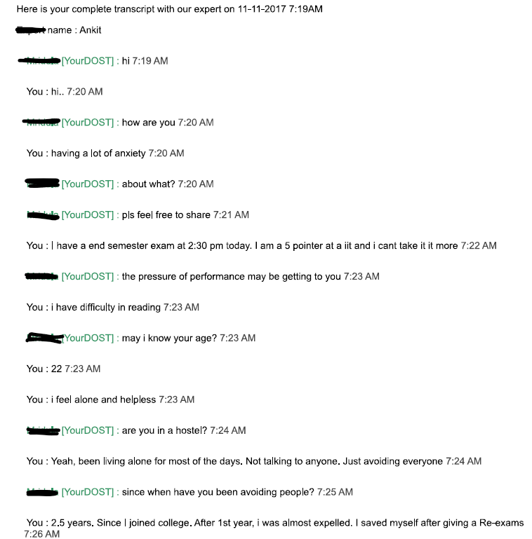 Part 1 of redacted student support chat from November 2017: exam anxiety and isolation