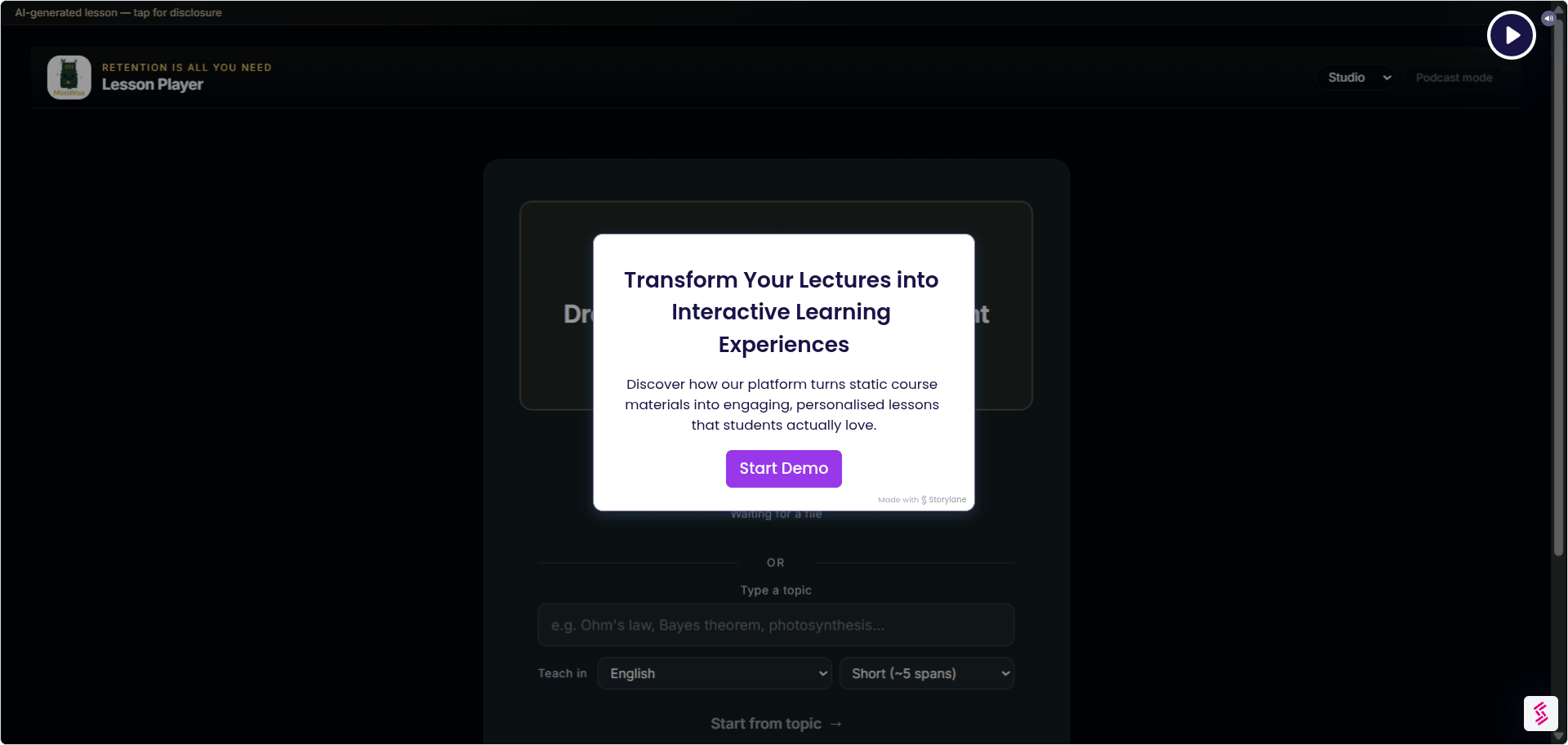 Short preview of MimWise Lesson Player turning lecture slides into an interactive lesson