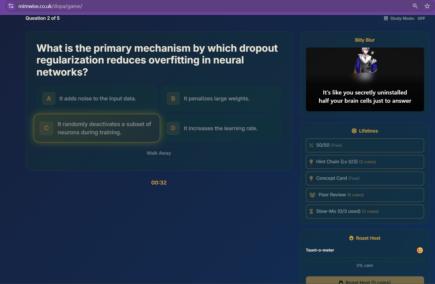 Instacram game-show MCQ revision with comedic host and lifelines