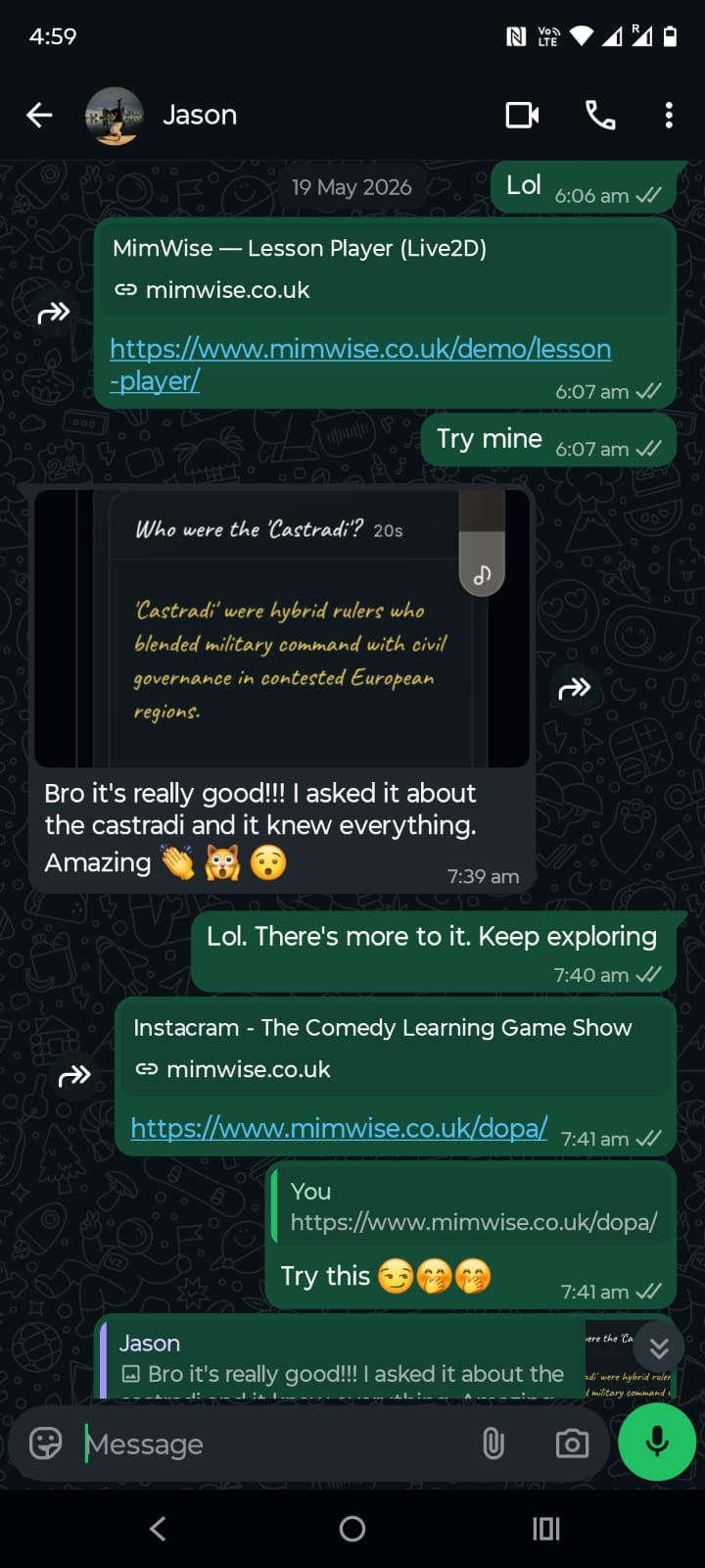 WhatsApp message from Jason praising the Lecture Explainer on Castradi content