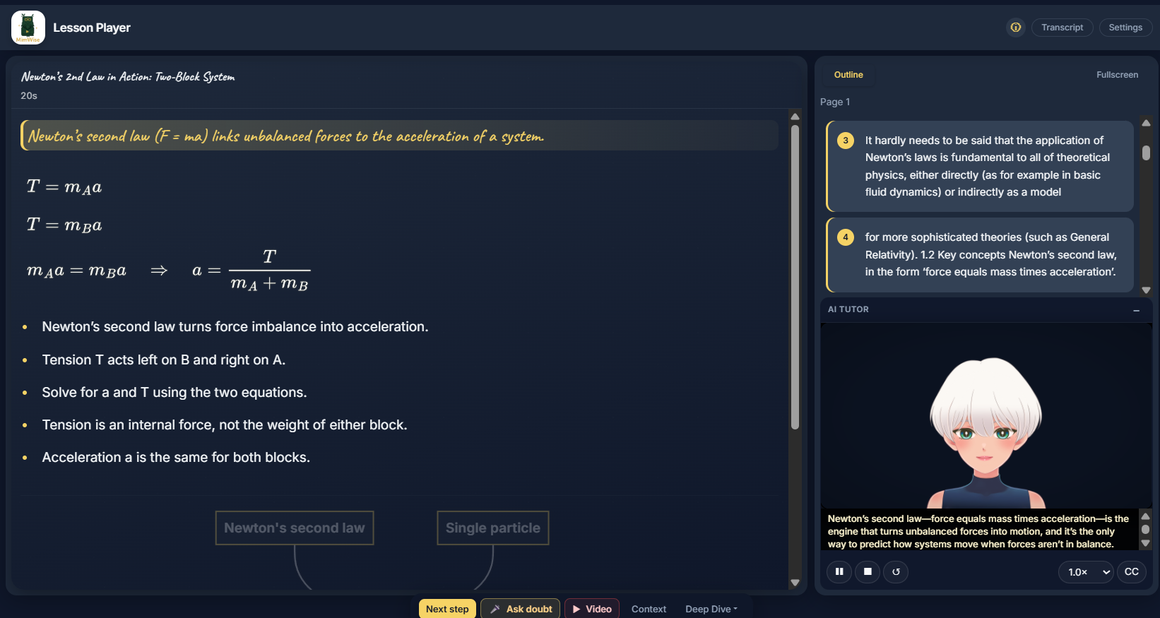 Lecture Explainer interface showing page-by-page tutoring