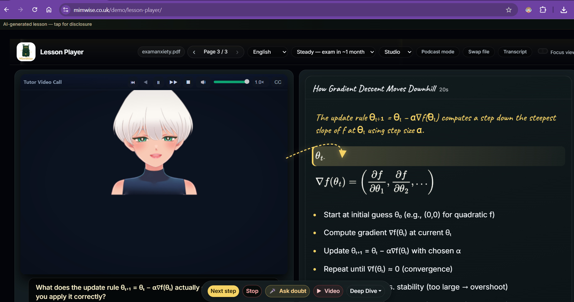 Lecture Explainer lesson player with AI tutor and slide content