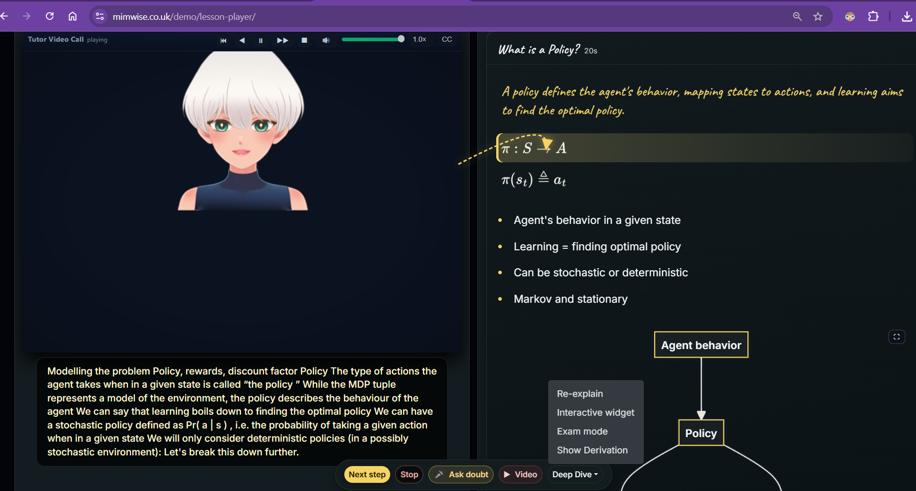MimWise Lecture Explainer showing an AI tutor and interactive lecture slide