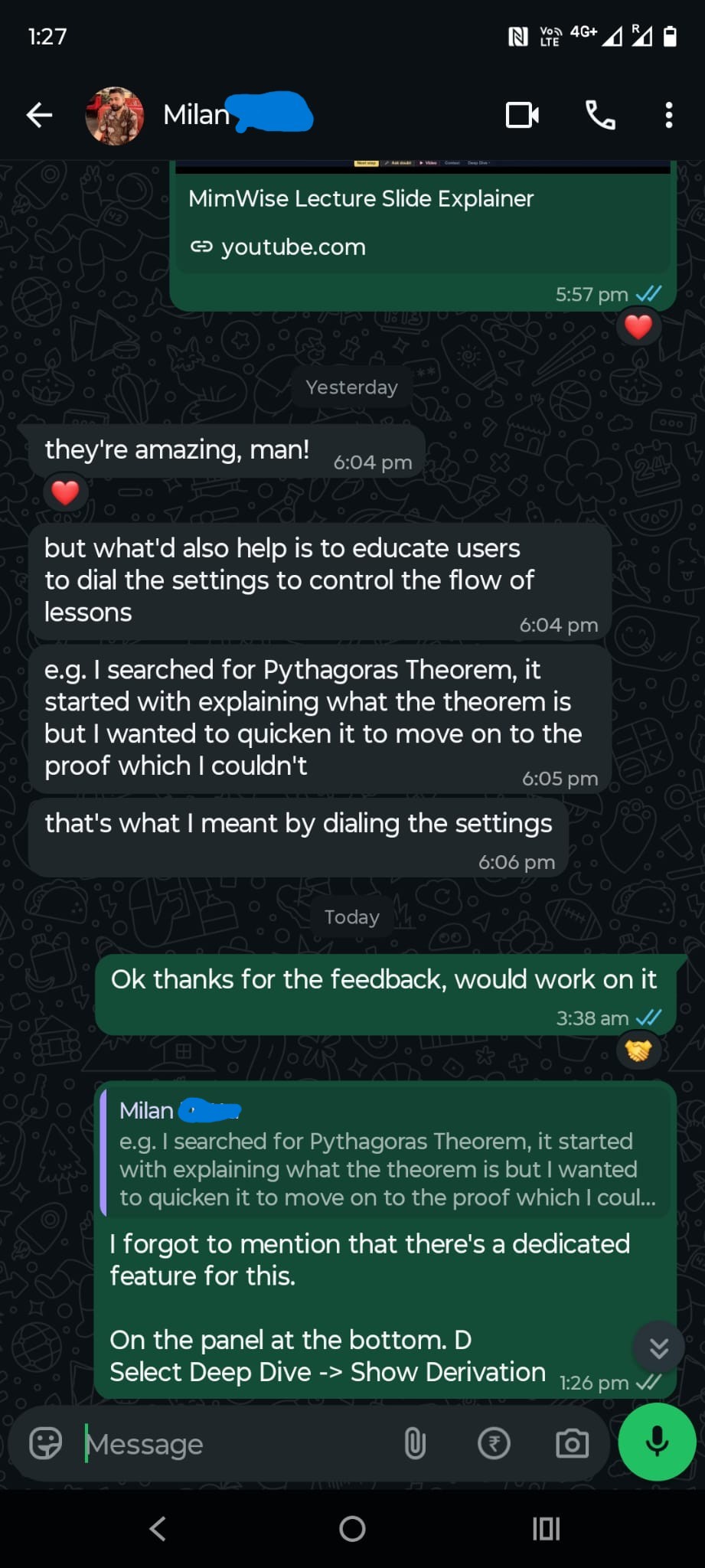 WhatsApp message from Milan praising MimWise Lecture Slide Explainer