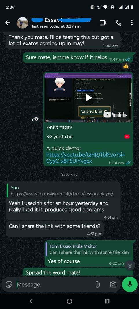 WhatsApp message from Tom about trying MimWise before exams